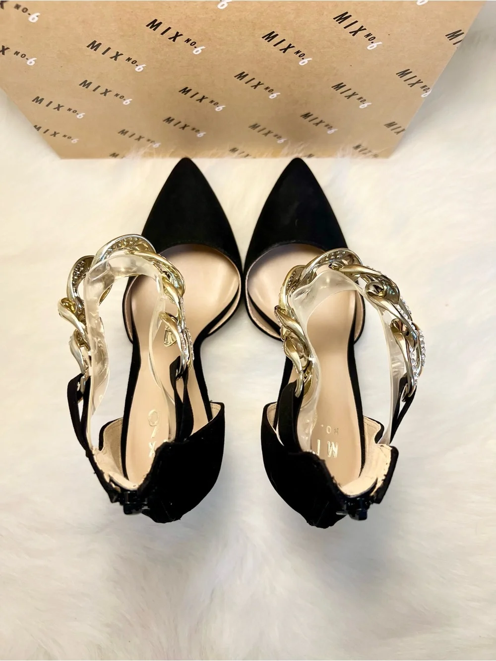 Mix No. 6 Dinla Black Suede Pointed-Toe Pump with Gold Crystal Chain Ankle Strap